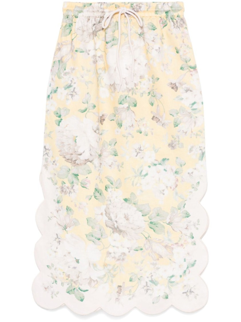 Zimmermann Acacia Scalloped Floral-print Linen Midi Skirt In Neutrals
