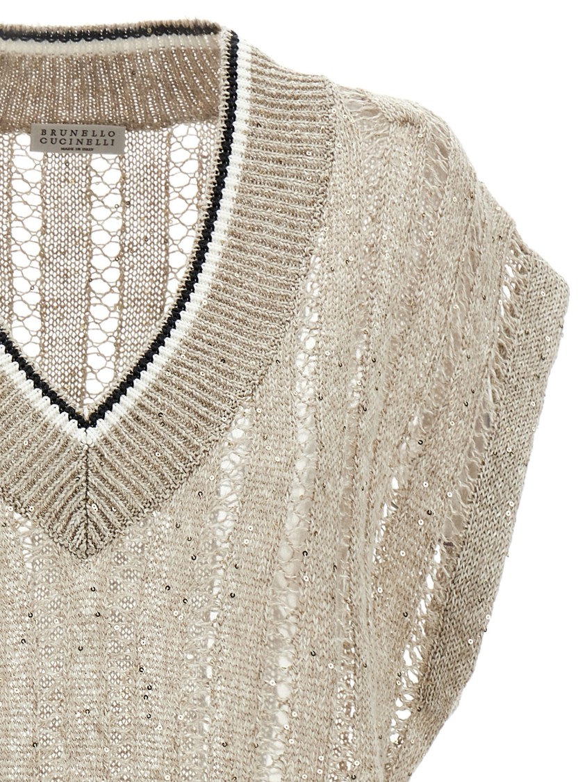 Brunello Cucinelli Ribbed Net Knit T-shirt With V-neck