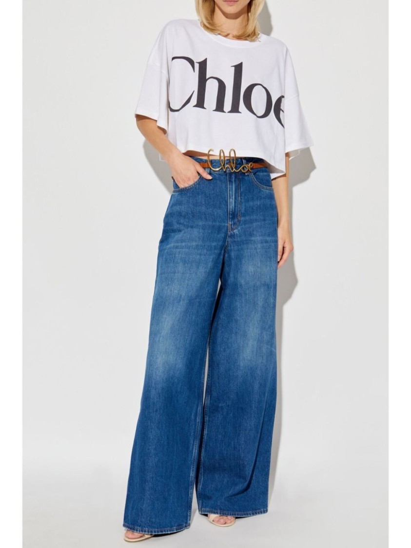 Chloé Women Cropped Boxy Logo T-shirt In Gray