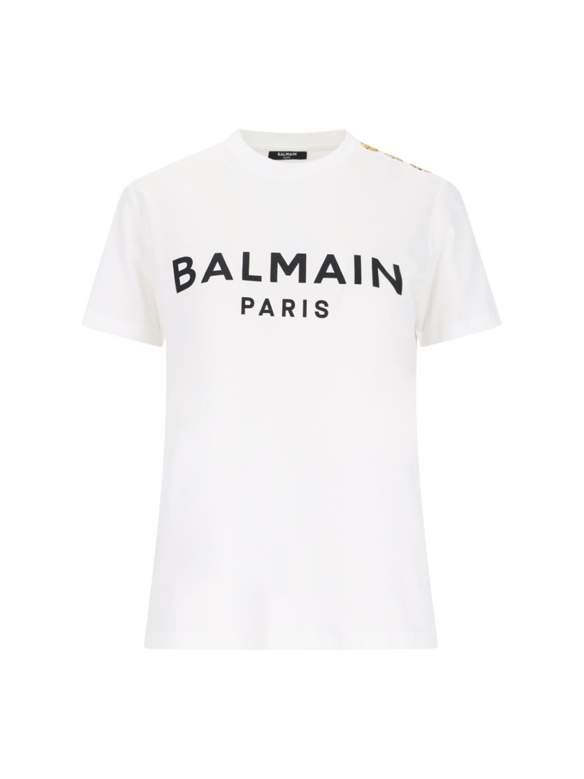 Balmain White Crewneck T-shirt With Logo Print And Golden Buttons In Jersey Woman
