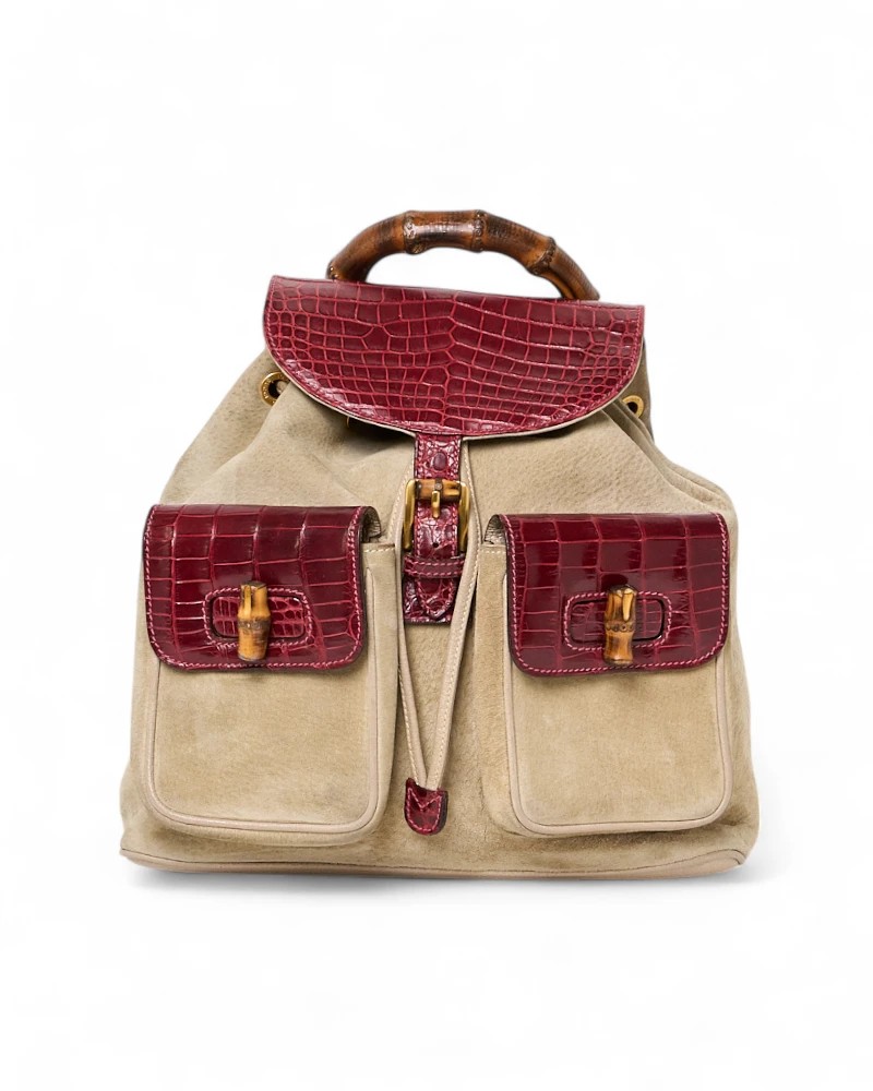Gucci Bamboo-handle Suede Backpack With Croc-embossed Accents