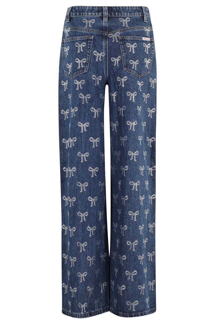 Shop Self-portrait Rhinestone Bow Denim Jeans In Green