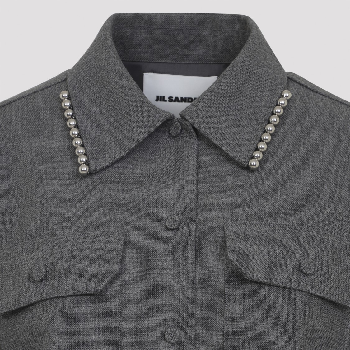 Jil Sander Relaxed Fit Grey Wool Shirt With Pearl Trim And Flap Pockets In Gray