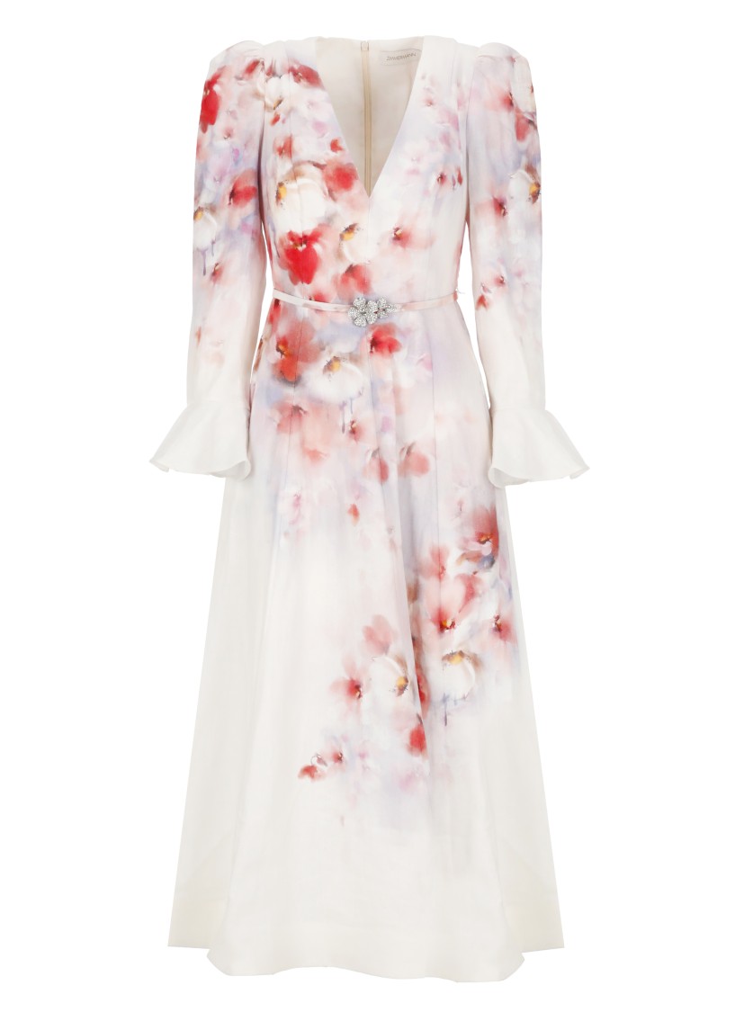 Shop Zimmermann Crush Frill Sleeved Midi Dress In White