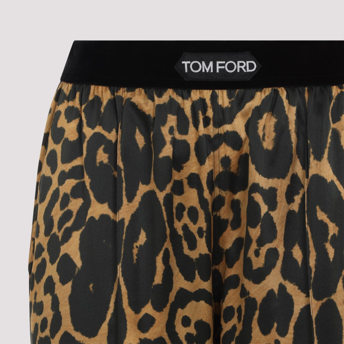 Tom Ford Camel Silk Blend Leopard Print Trousers In Black
