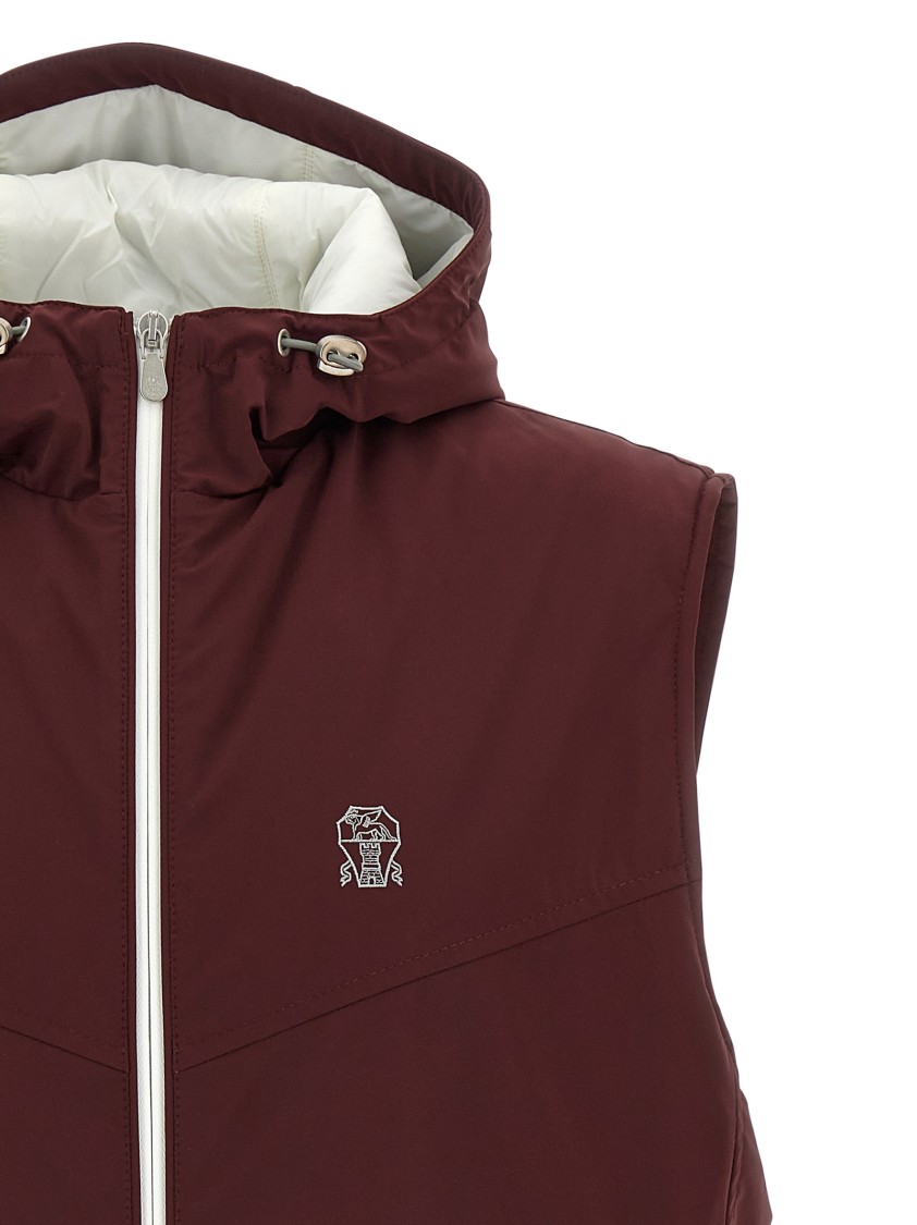 Brunello Cucinelli Hooded Vest With Elastic Hem And Side Zipper Pockets In Red