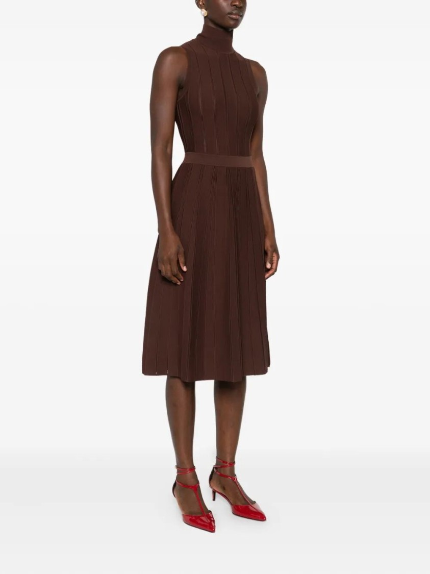 Elisabetta Franchi Ribbed Turtleneck Belted Maxi Dress In Brown