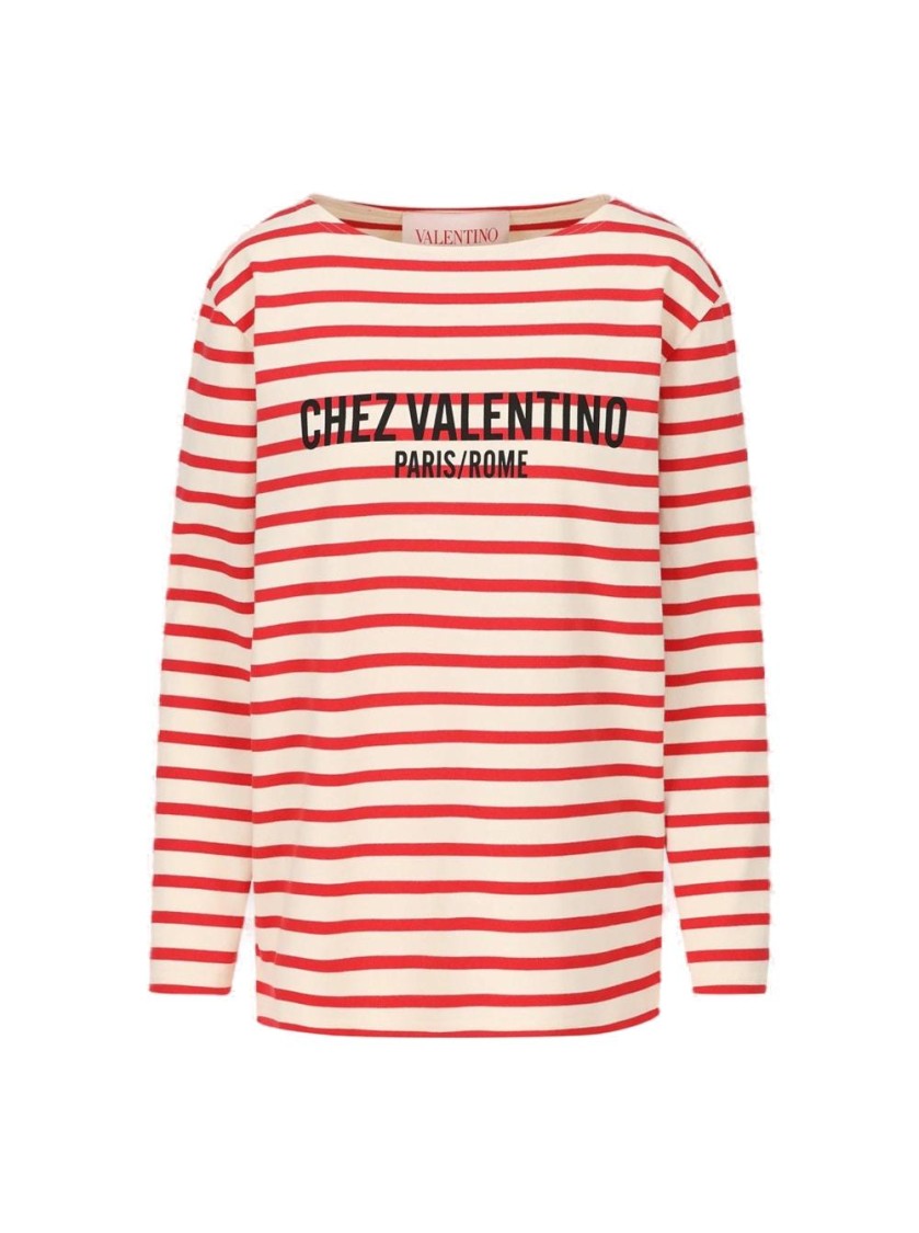 Valentino Striped Cotton Jersey Long Sleeve T-shirt Ivory And Red In Red