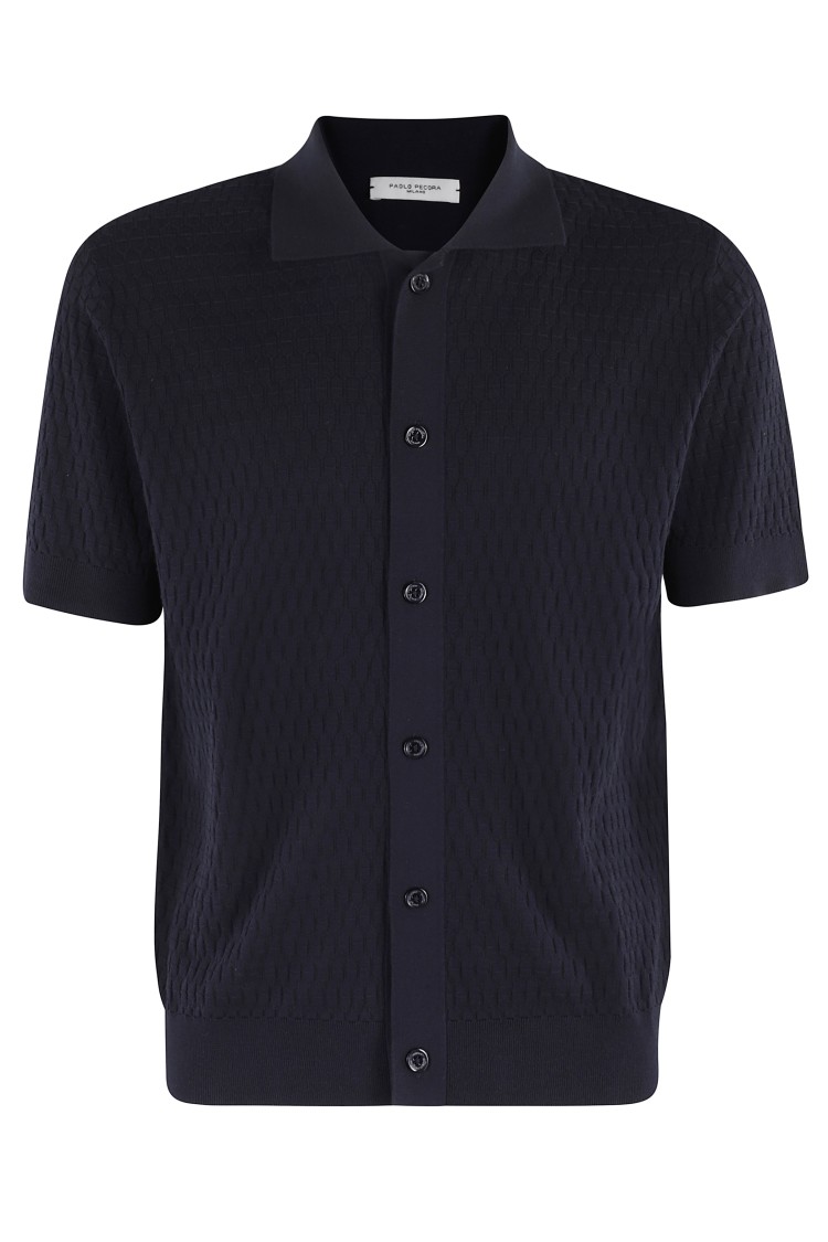 Paolo Pecora Short-sleeved Polo-style Knit Shirt With Textured Pattern In Blue