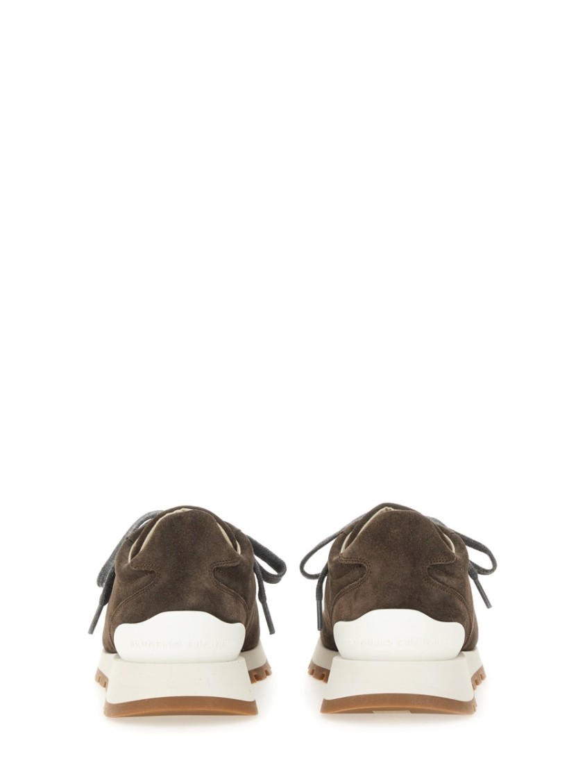 Brunello Cucinelli Brown Low Top Sneakers With Monil Detail On The Side And Embossed Logo Lettering On The Rear In Leat In Gray