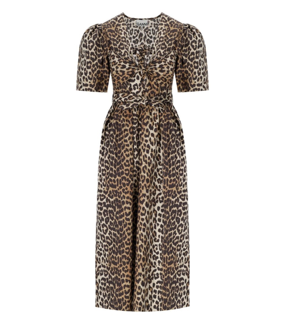 Ganni Leopard Print Cotton Midi Dress In Animal Print