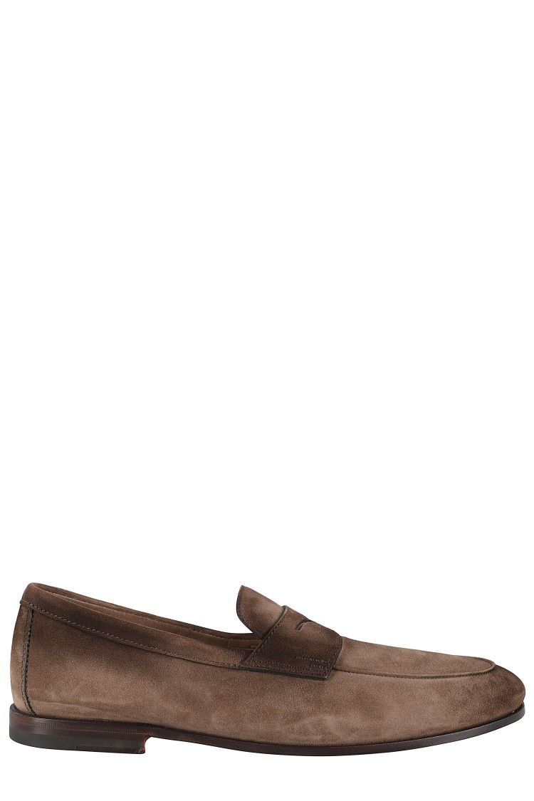 Santoni Suede Carlos Penny Loafers In Brown