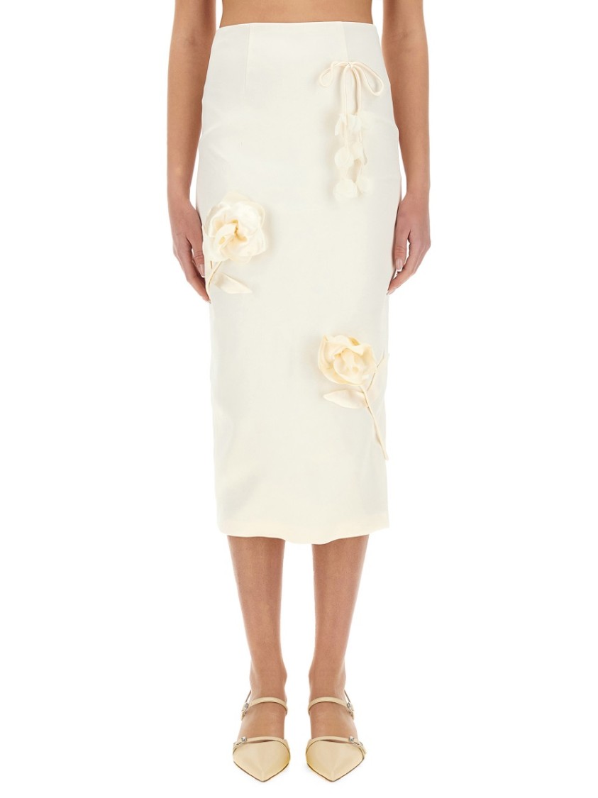 Self-portrait Satin Midi Skirt With 3d Flowers In Neutrals