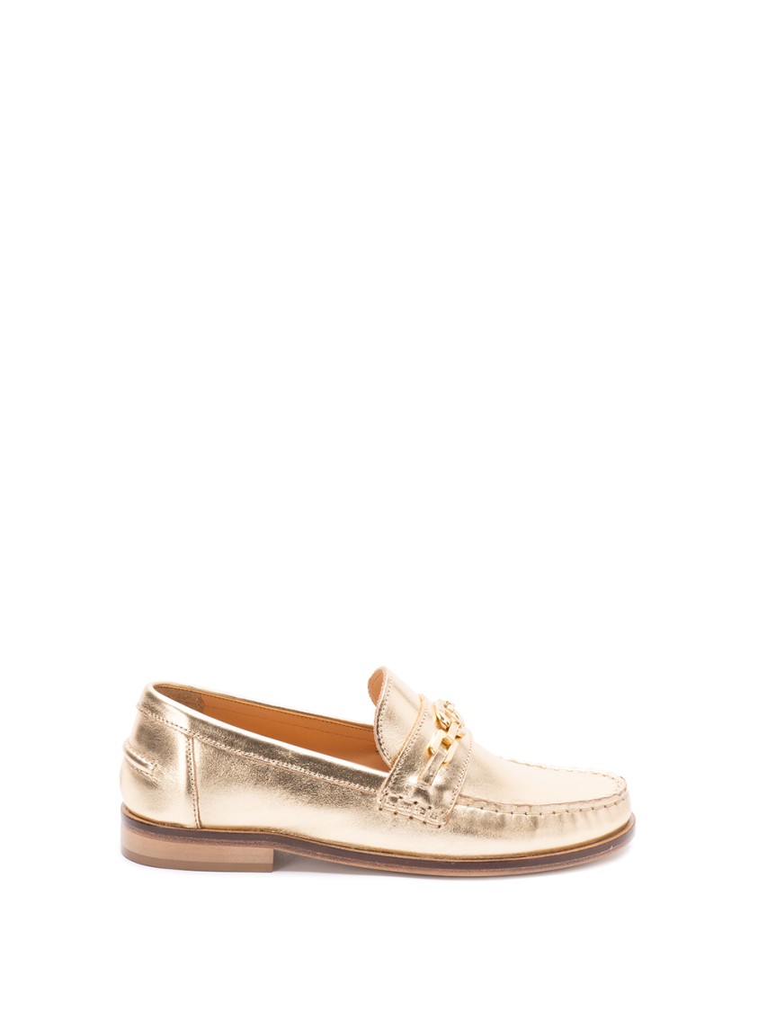 Twinset Twin-set Gold Metallic Loafers With Decorative Chain Detail