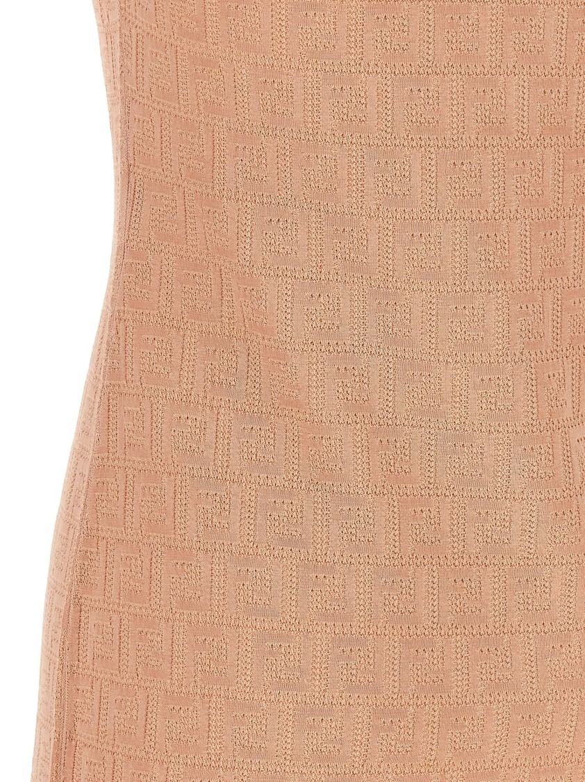 Fendi Cotton Short Sleeve Dress With Textured Pattern In Orange