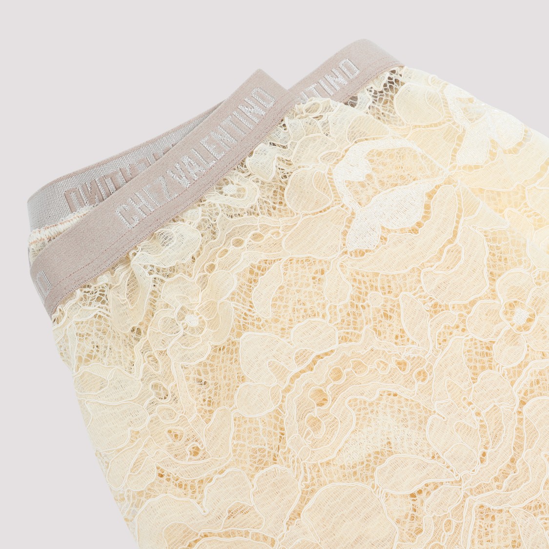 Valentino Beige Floral Lace Tights With Logo Waistband In Neutrals