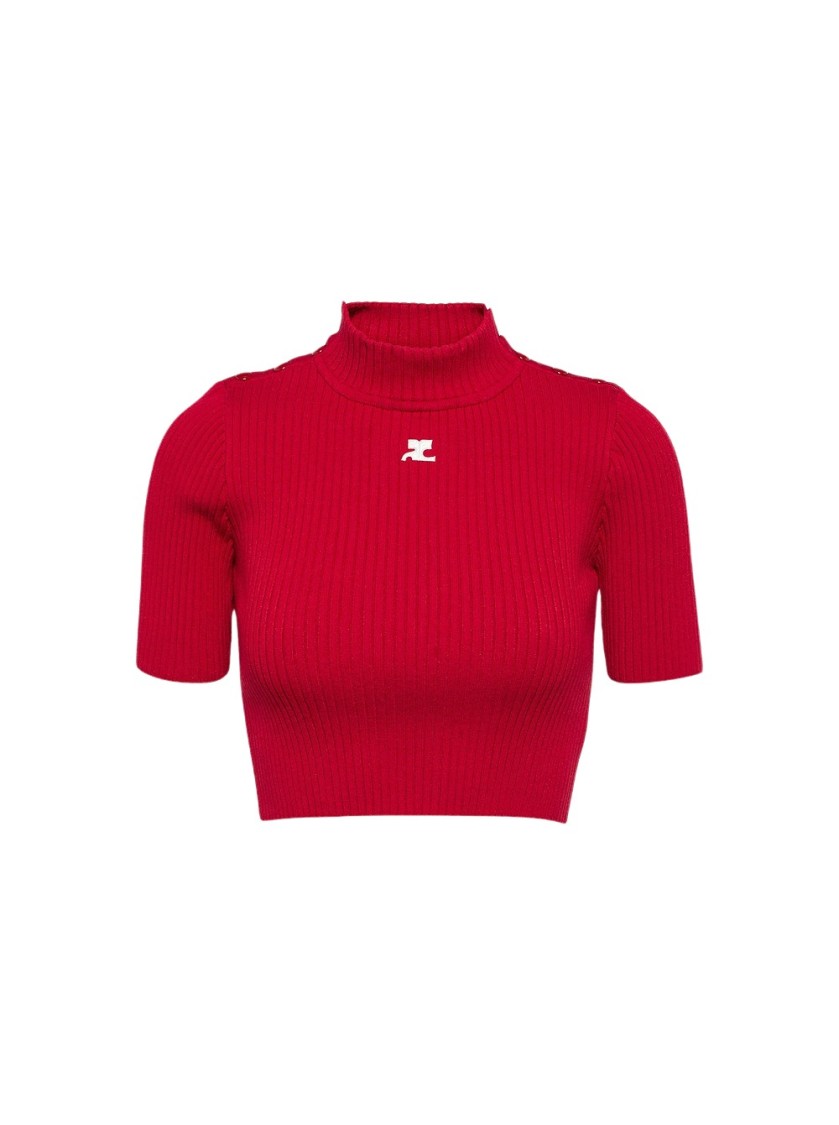 Shop Courrèges Shoulder Snaps Rib Knit Cropped Sweater Top