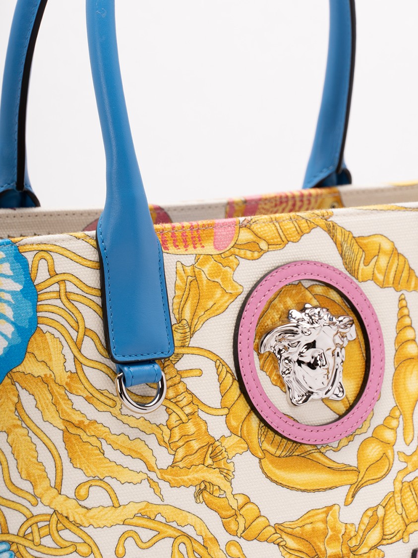 Versace Fabric And Calf Leather Tote In Multi