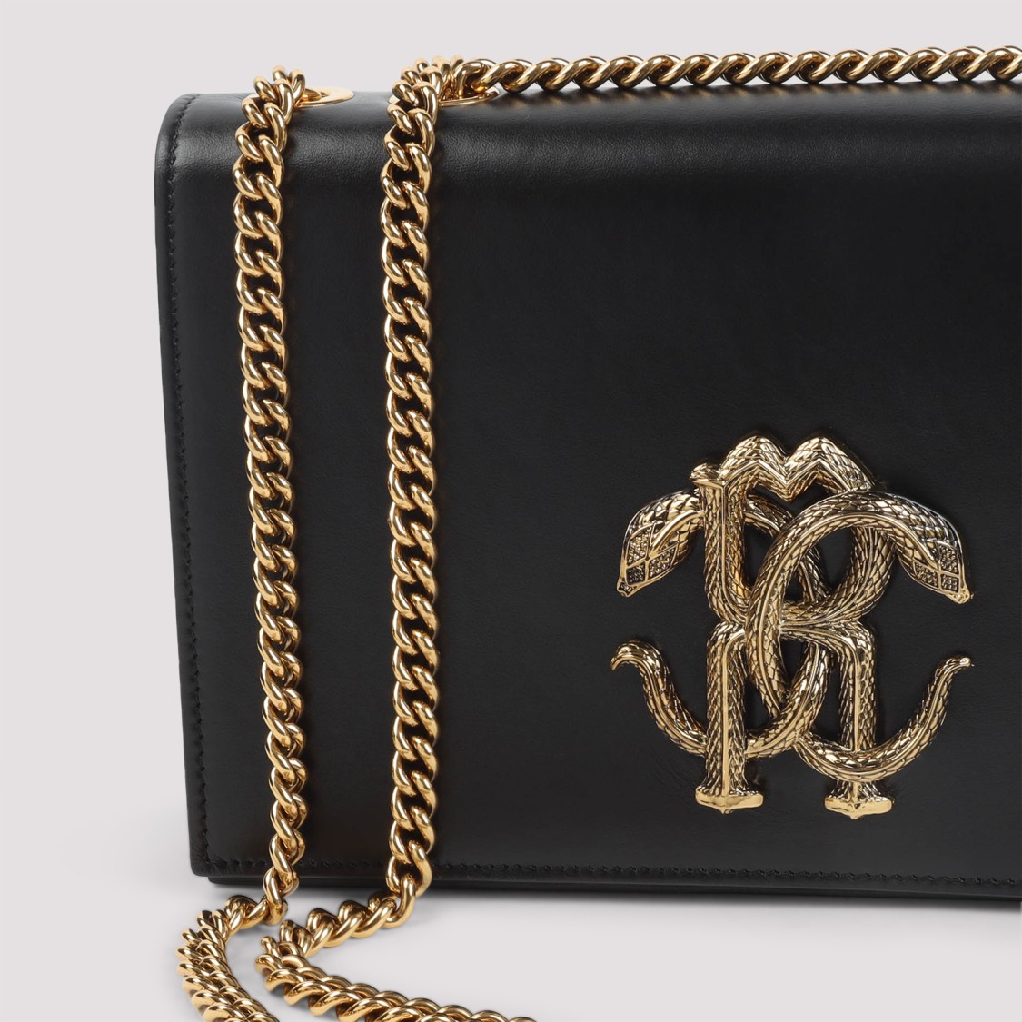 ROBERTO CAVALLI ROBERTO CAVALLI BLACK LEATHER SHOULDER BAG WITH GOLD-TONE HARDWARE 