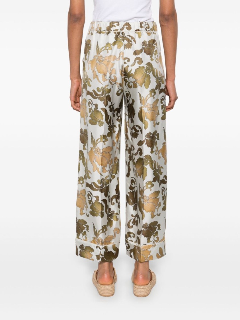 Max Mara Floral Patterned Yellow Silk Trousers In Green