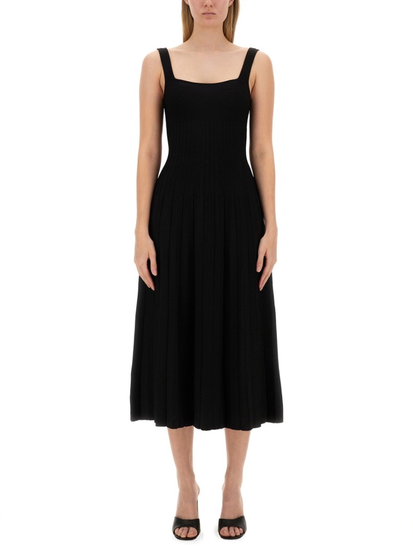 Staud Ellison Pleated Ribbed-knit Midi Dress In Black