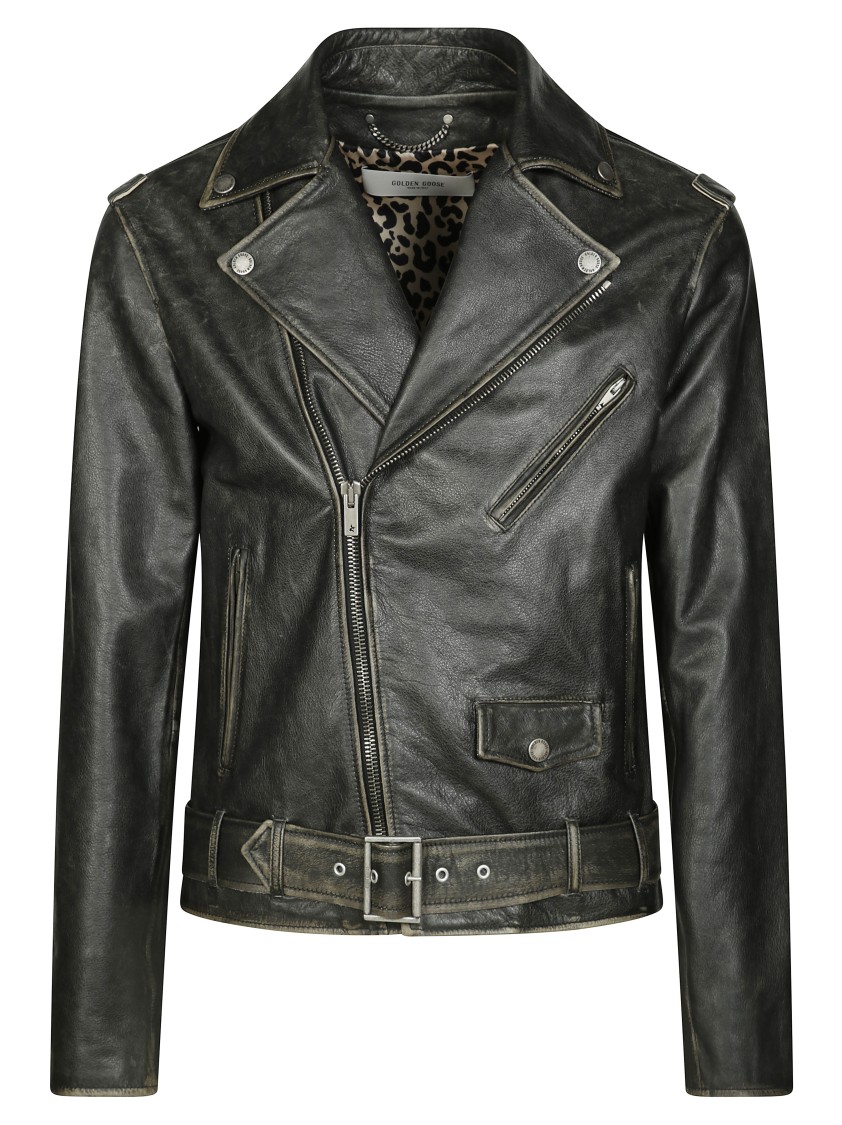 Golden Goose Men Black Biker Jacket With Notched Revers And Leopard Lining In Leather Man