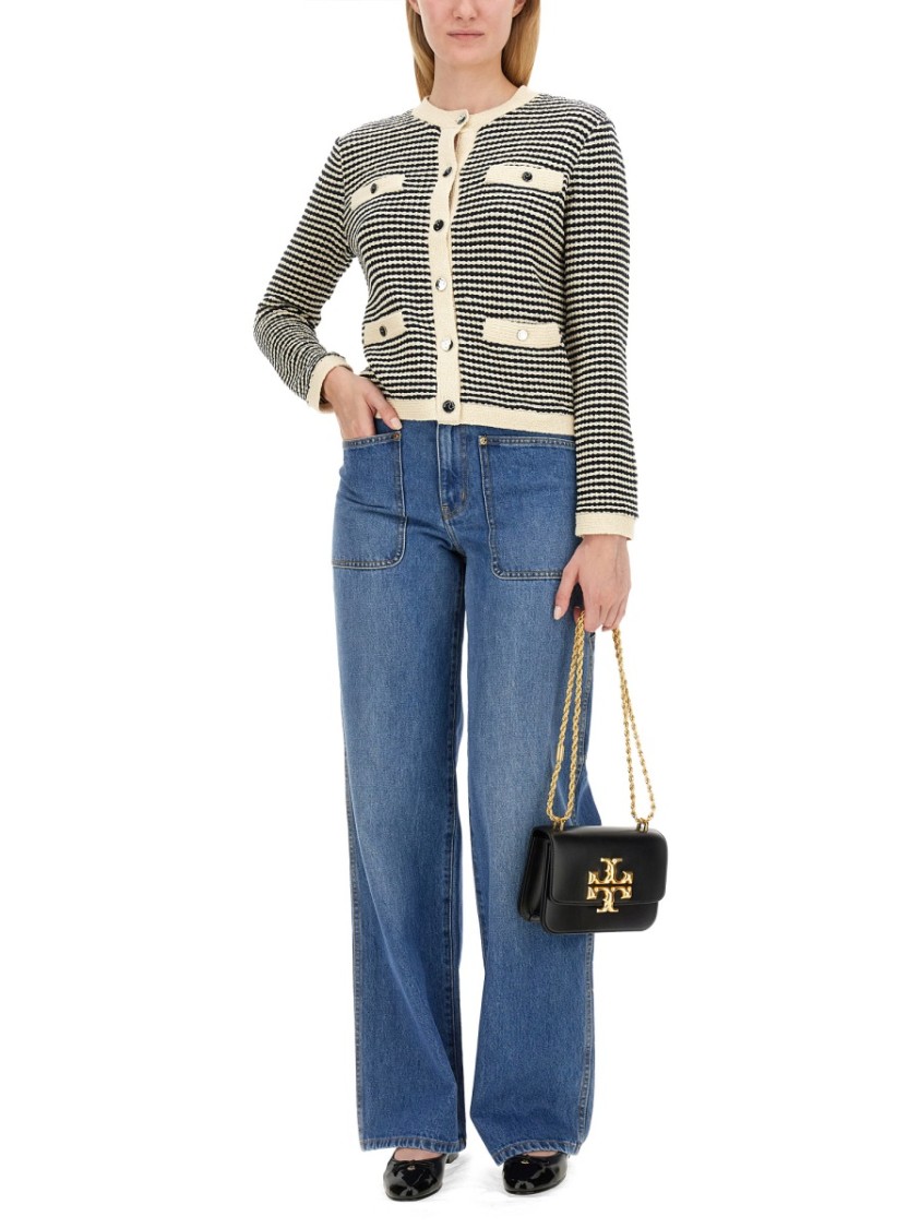 Tory Burch Kendra Contrasting-trim Striped Cardigan In Blue