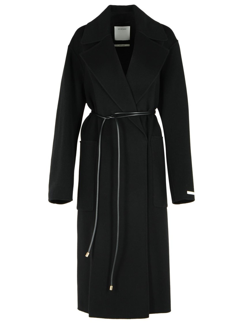 Sportmax Waist Belted Long Coat With Notched Lapels In Black
