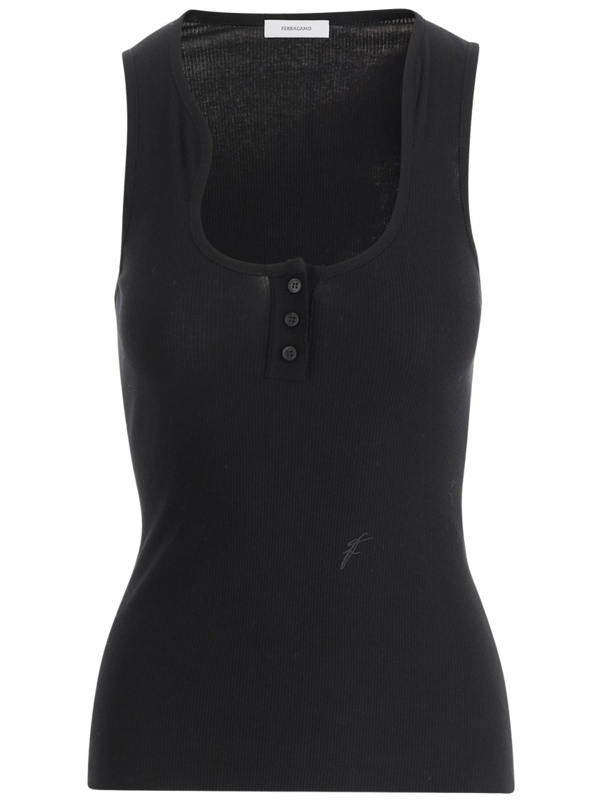 Shop Ferragamo Salvatore Cotton Tank Top With Shaped Neckline In Black