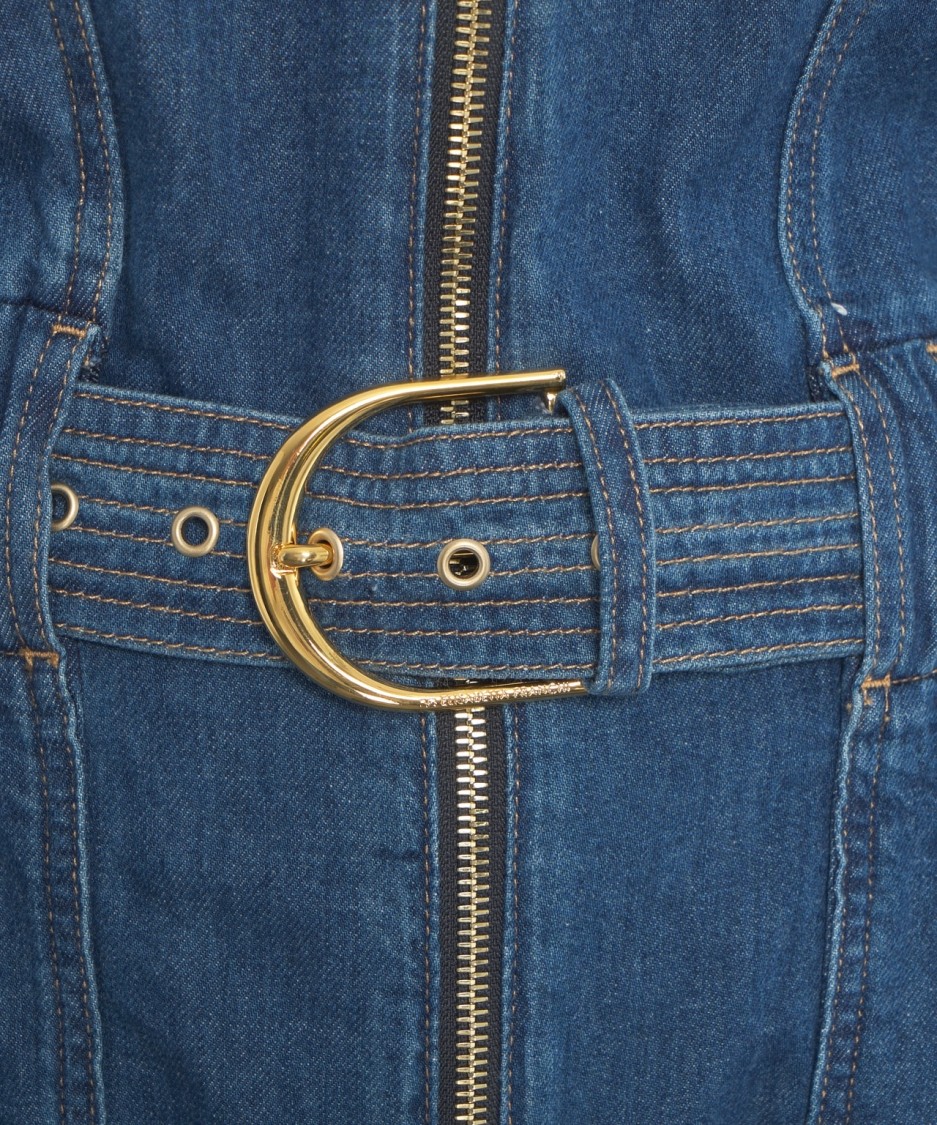 Elisabetta Franchi Mc Short Denim Monkey With Belt Detail In Blue