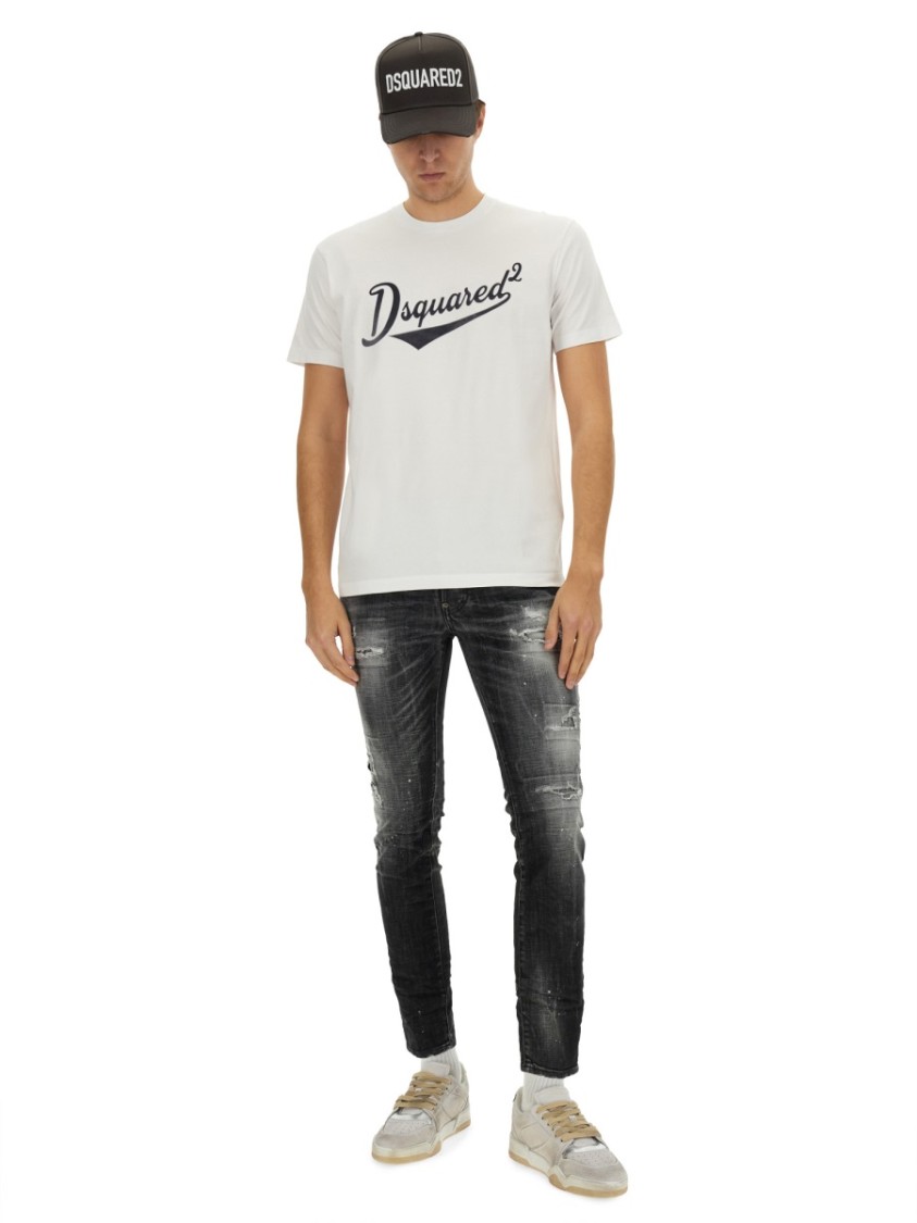 Dsquared2 White T-shirt With Logo Print On The Front In Cotton Man In White