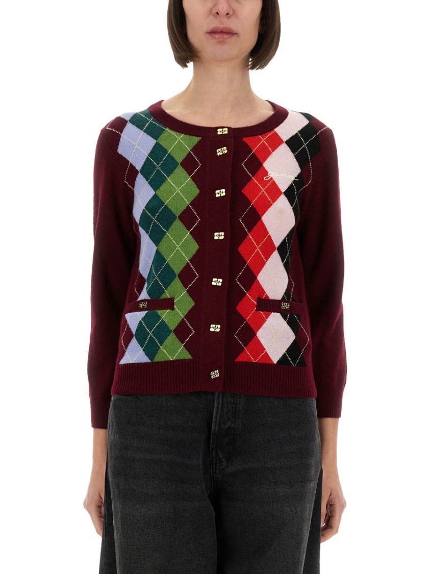 Ganni Womens Tawny Port Rhombus-print Round-neck Wool And Cashmere Cardigan Xl