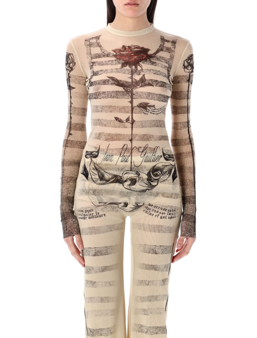 Jean Paul Gaultier Mesh Ls Sleeve Tatoo Marinier Top In Neutrals