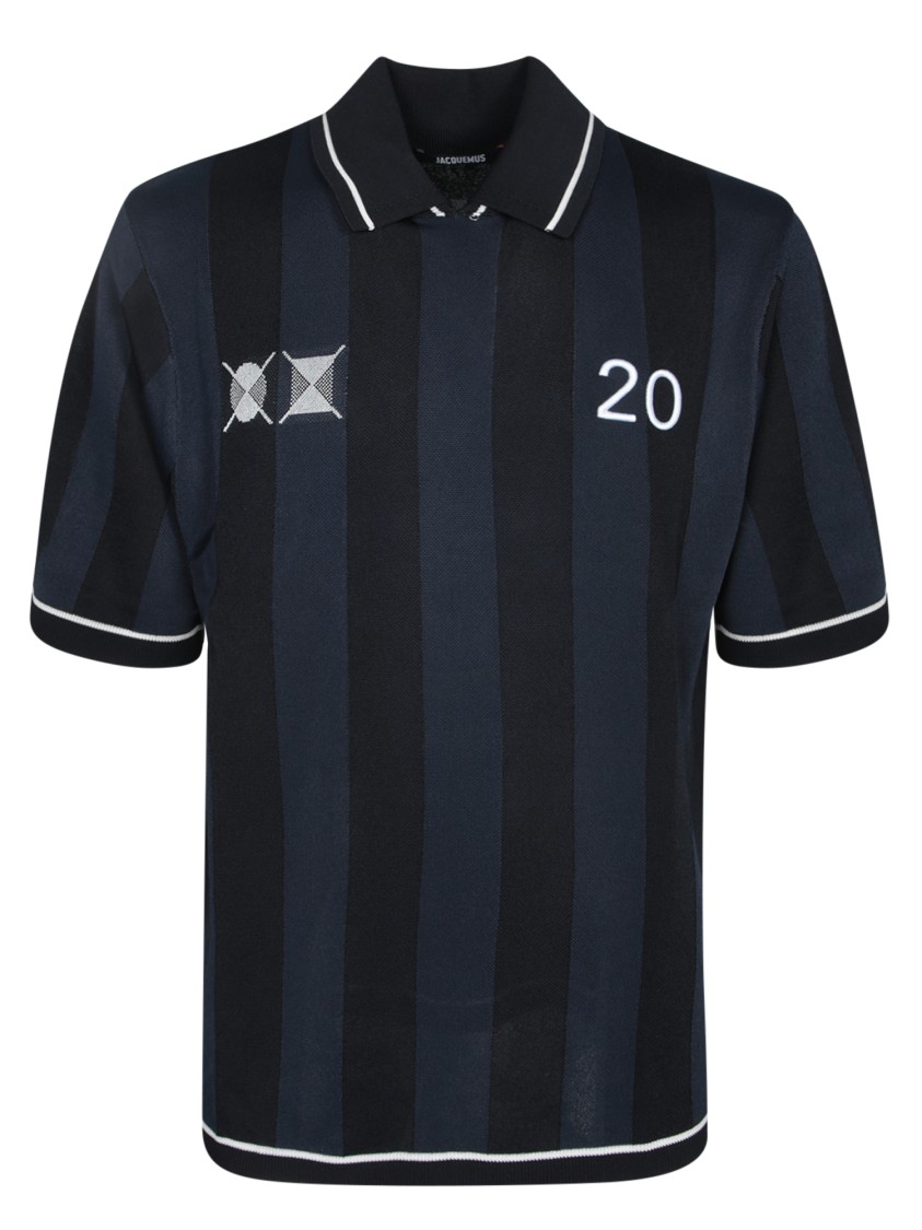 Jacquemus 'le Polo Liga' Blue Shirt With Maxi Rear Print And All-over Striped Motif In Gold