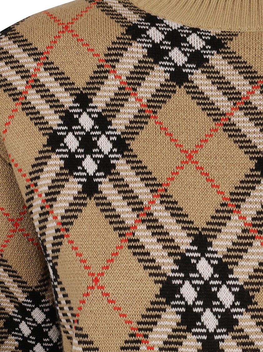 Burberry Plaid Crewneck Sweater With Ribbed Trims In Neutral