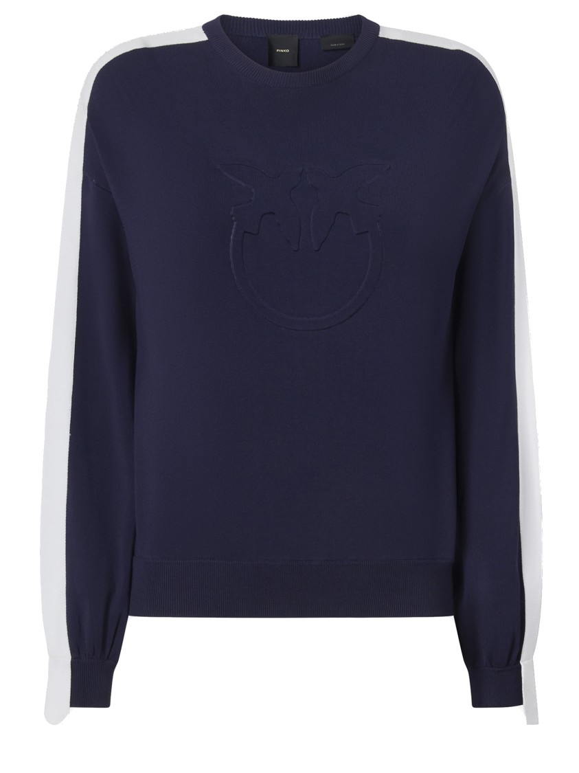 Shop Pinko Viscose Blend Sweater With Contrasting Side Bands In Blue