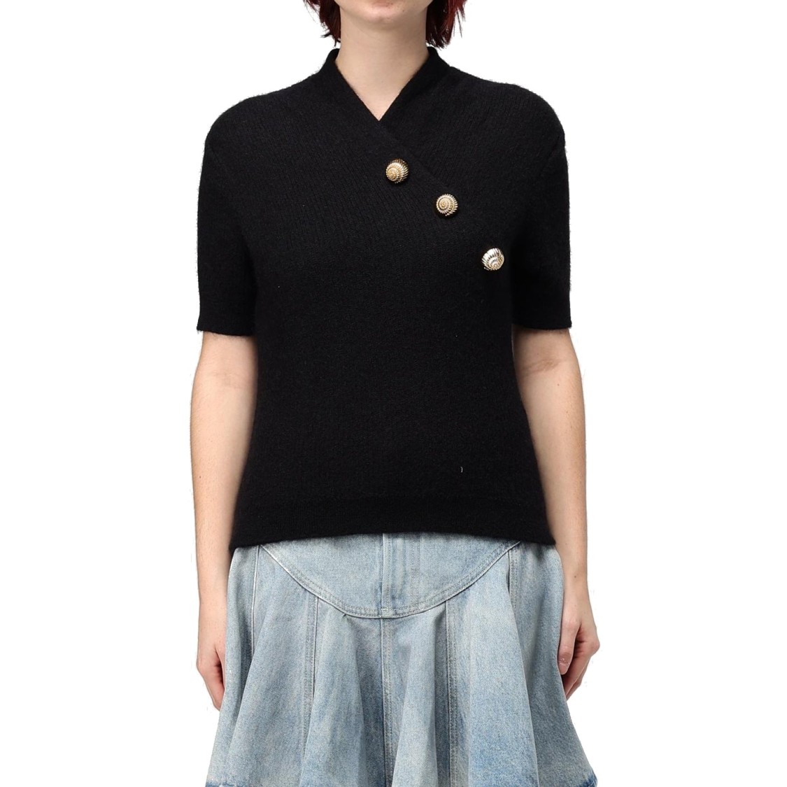 Balmain Wool Blend Top With V-neckline And Gold Metal Accents