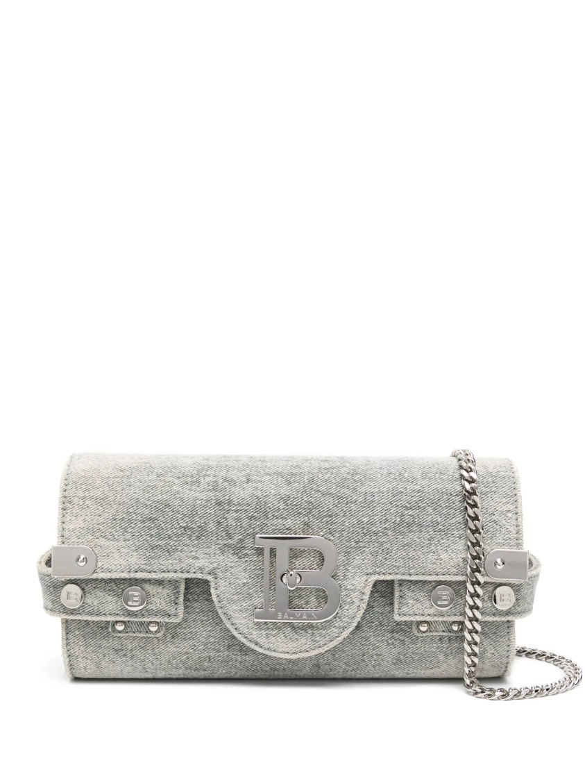 Balmain B-buzz Denim Shoulder Bag In Gray
