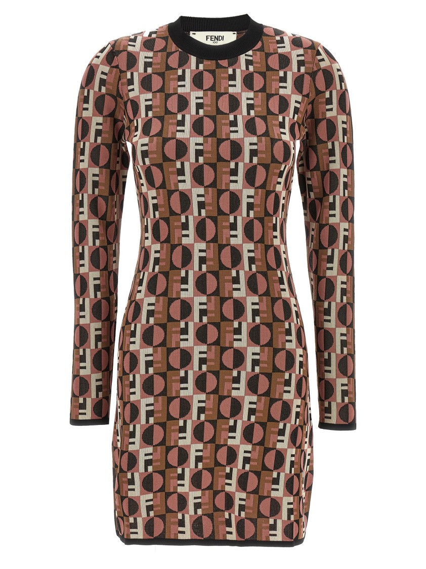 Fendi Shiny Jacquard Viscose Mini Dress With Geometric Pattern In Brown