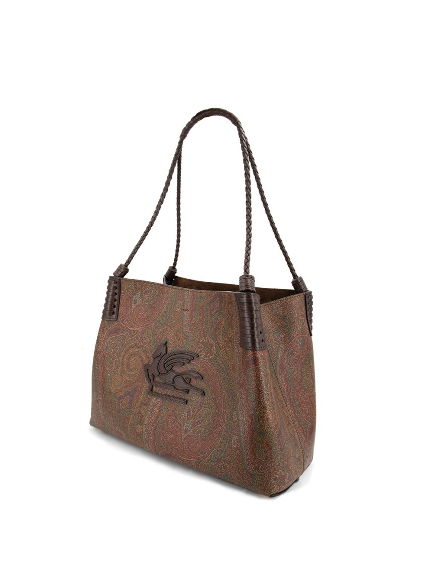 Etro Brown Leather Bag With Paisley Print And Internal Clutch
