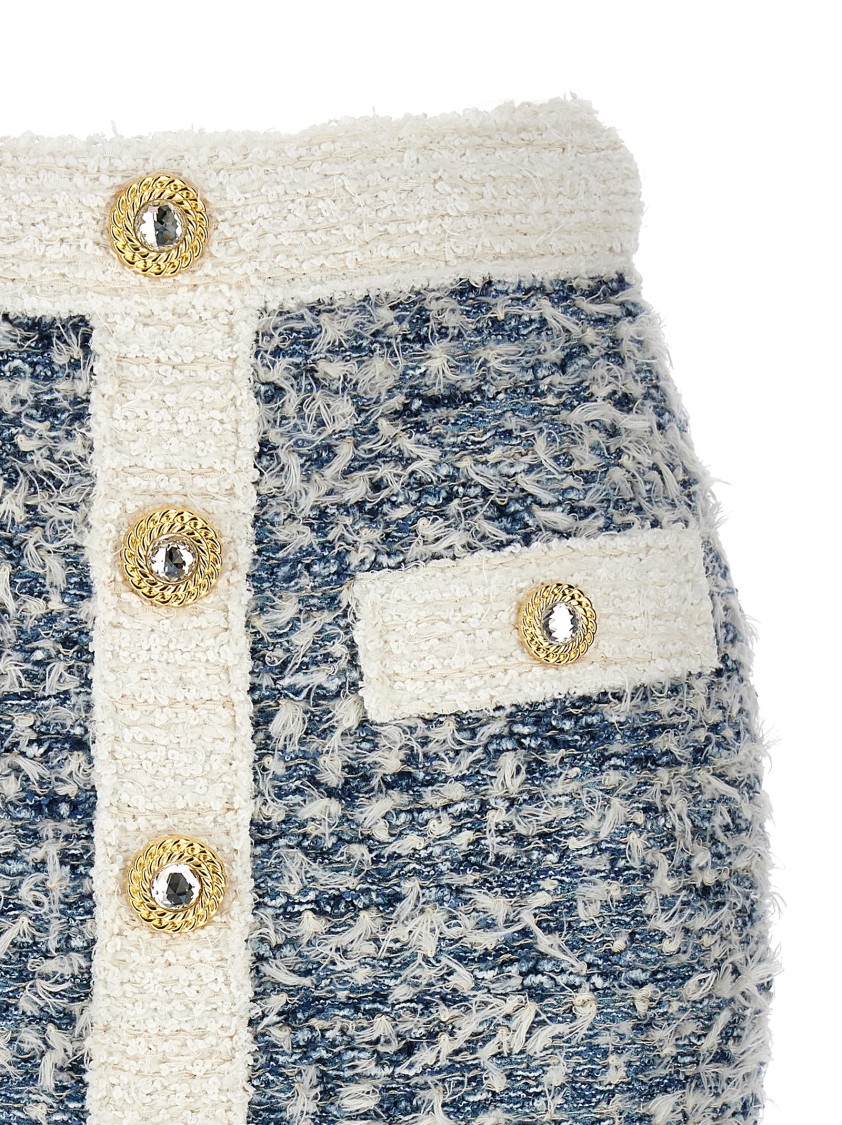 Balmain Frayed Button-embellished Tweed Mini Skirt In Neutral