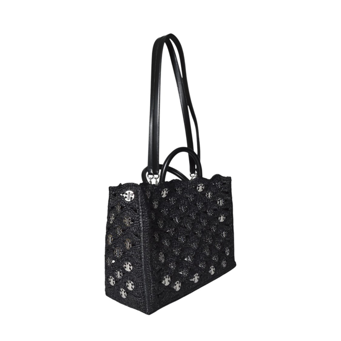 トートバッグ Rabanne Black Raffia Tote Bag With Logo Medallions Rabanne Black Raffia Tote Bag With Logo Medallions | THE LIST