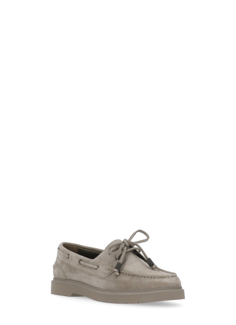 Brunello Cucinelli Suede Lace-up Boat Loafer With Rubber Sole In Brown