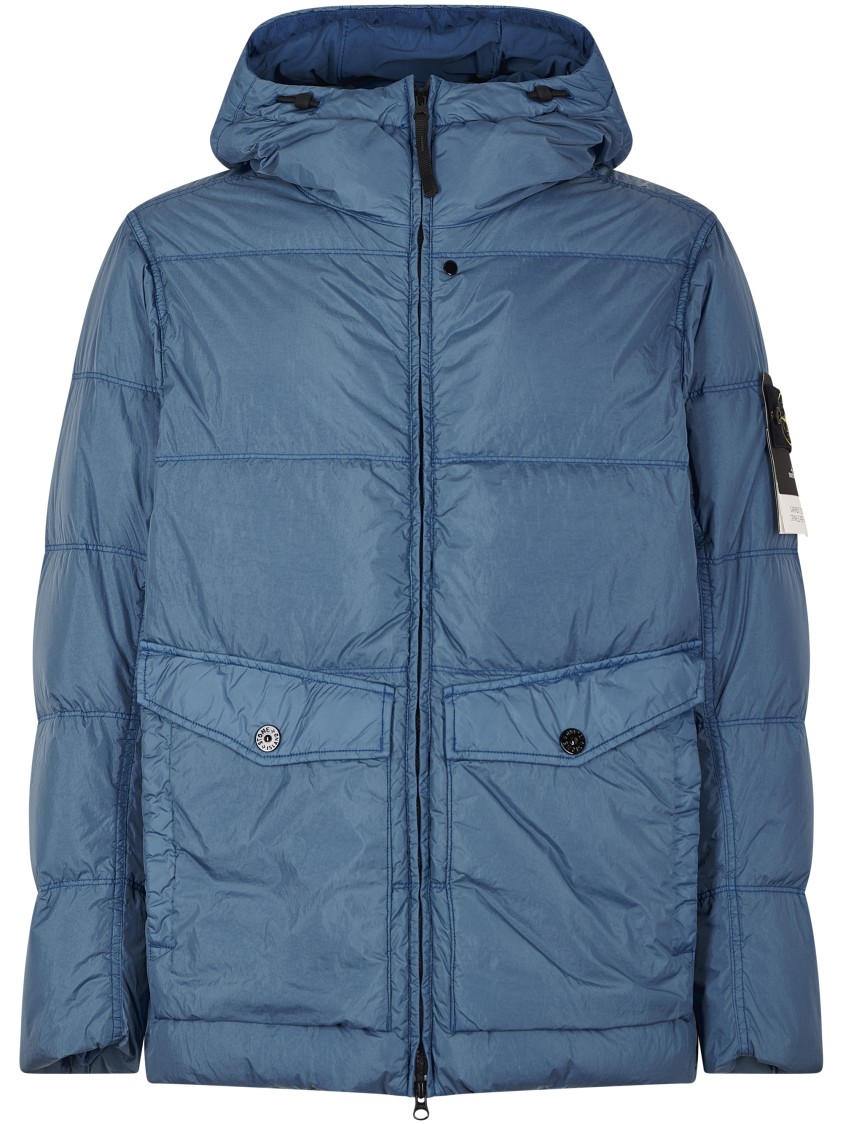 Stone Island Quilted Hooded Jacket With Two Front Pockets In Blue