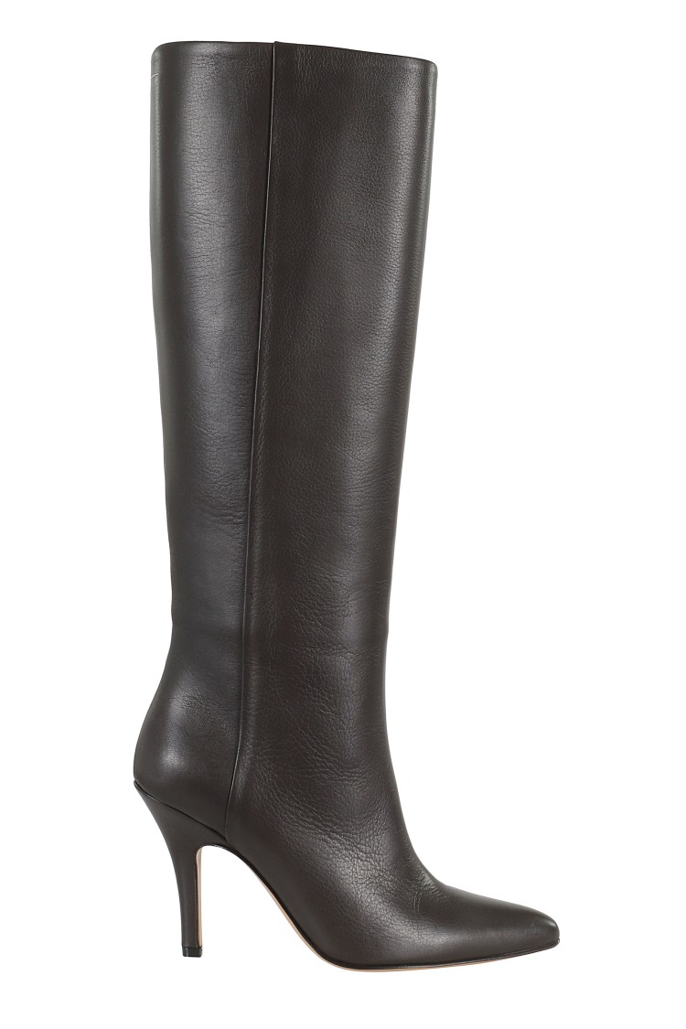 Mm6 Maison Margiela Mm6 By Maison Margiela Pointed Toe Knee-high Boot With White Stitch Detail In Black