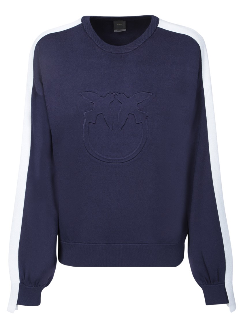 Shop Pinko Two-tone Blue Sweater With Embossed Logo Detail