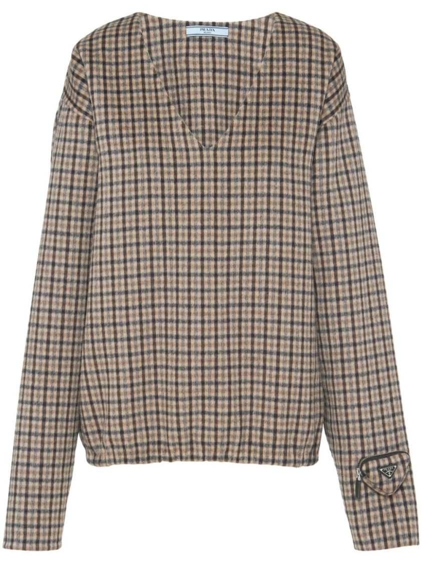 Prada Check Pattern V-neck Angora-virgin Wool Blend Top In Multi