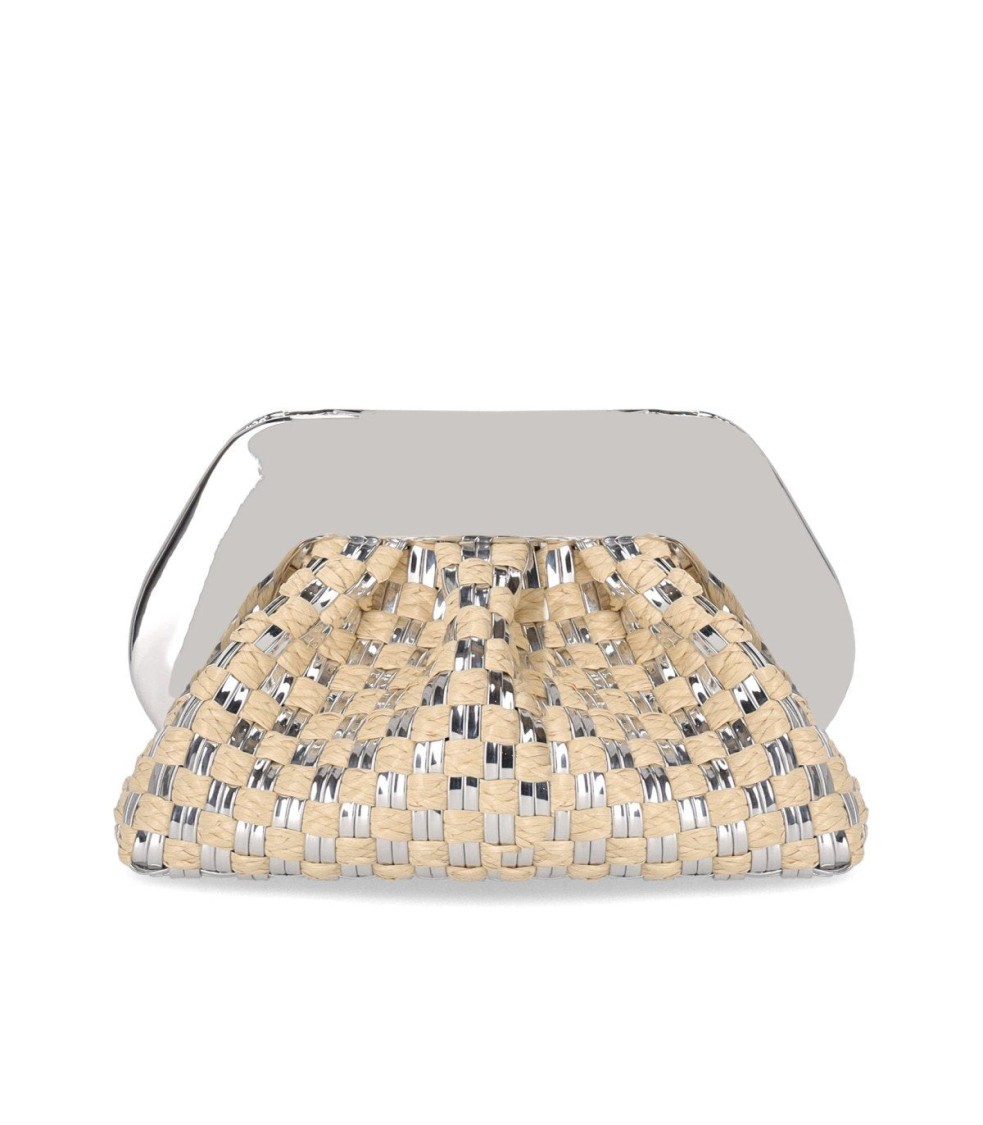 Themoirè Tia Micro Weaved Straw Laminated Silver Clutch Bag