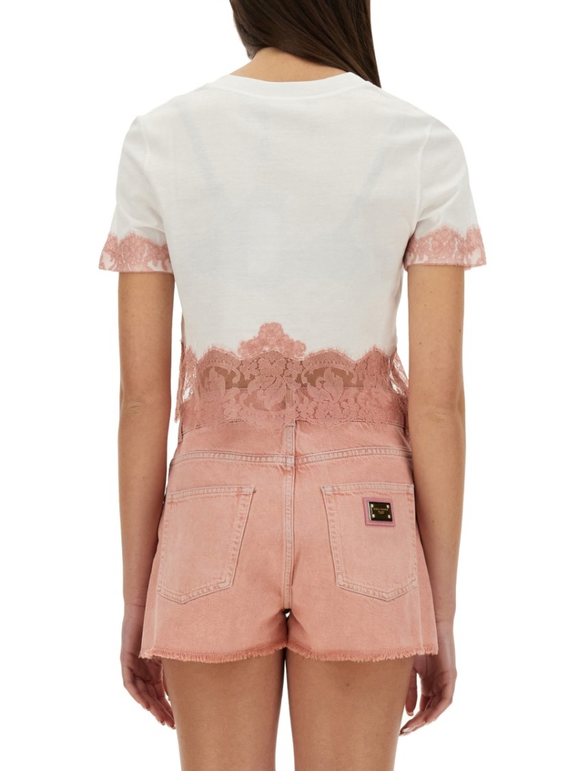 Dolce & Gabbana Cropped Jersey T-shirt With Dg Logo And Lace Inserts In White