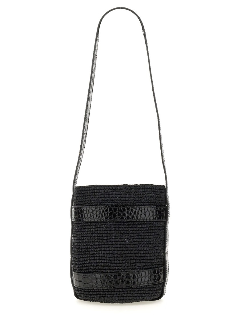 MANEBI MANEBI TEXTURED RAFFIA BUCKET BAG WITH GLOSSY ACCENTS